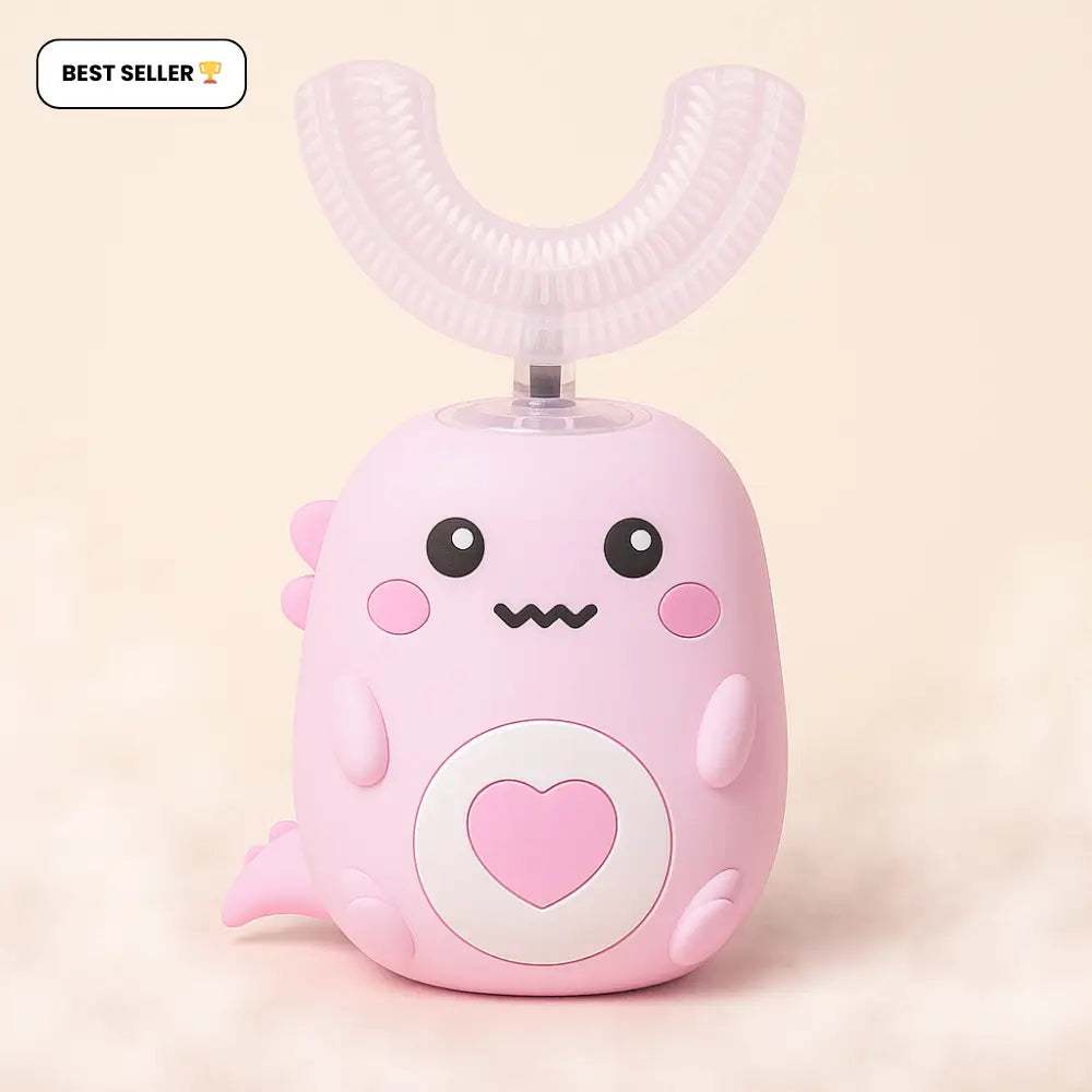 Pink dinosaur-shaped U-shaped kids electric toothbrush with soft silicone bristles and heart design
