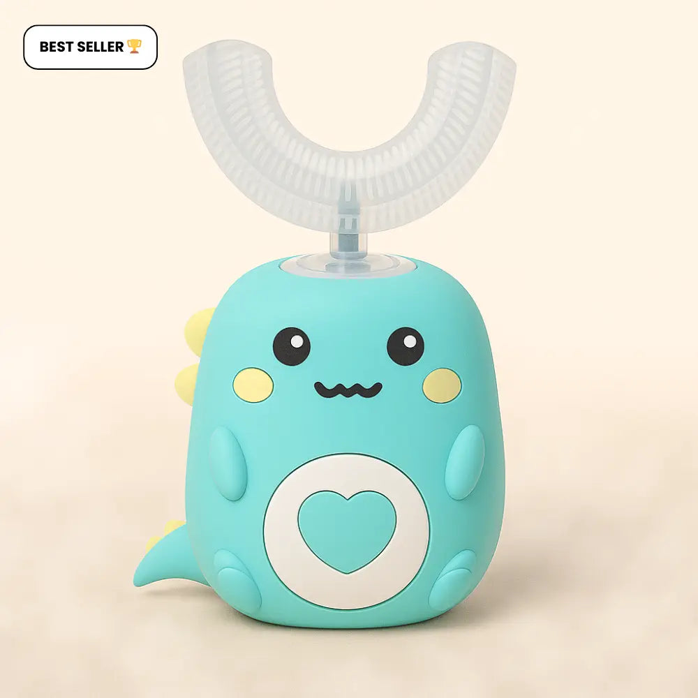 Teal dental device with cartoon face on a beige background, labeled as a best seller. SWEVVA™ DinoBrush 360° U-Shaped Kids Toothbrush