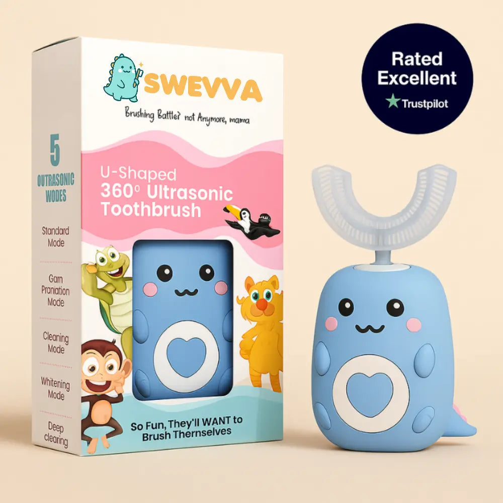Blue ultrasonic toothbrush with cartoon characters on packaging and 'Rated Excellent' Trustpilot badge. SWEVVA™ DinoBrush 360° U-Shaped Kids Toothbrush