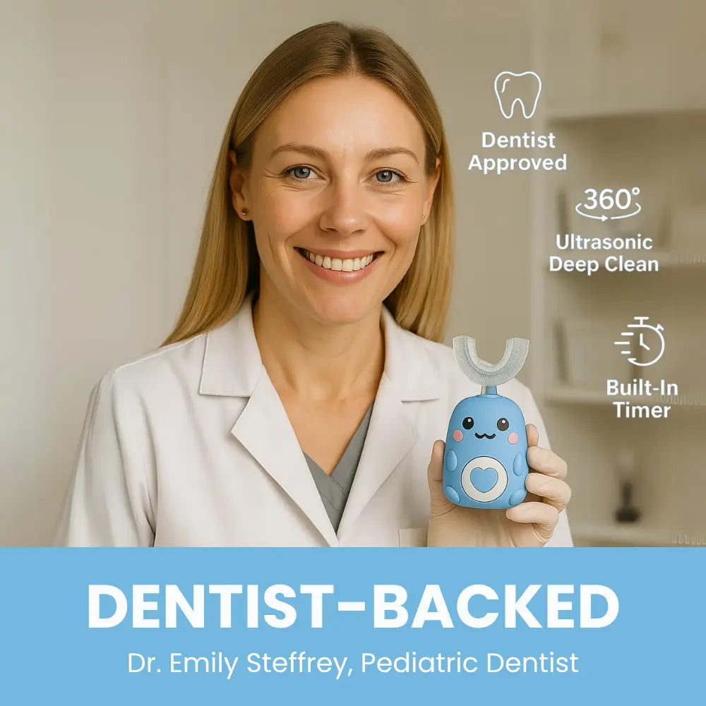 Woman in a white coat holding a blue dental device with text about its features. SWEVVA™ DinoBrush 360° U-Shaped Kids Toothbrush