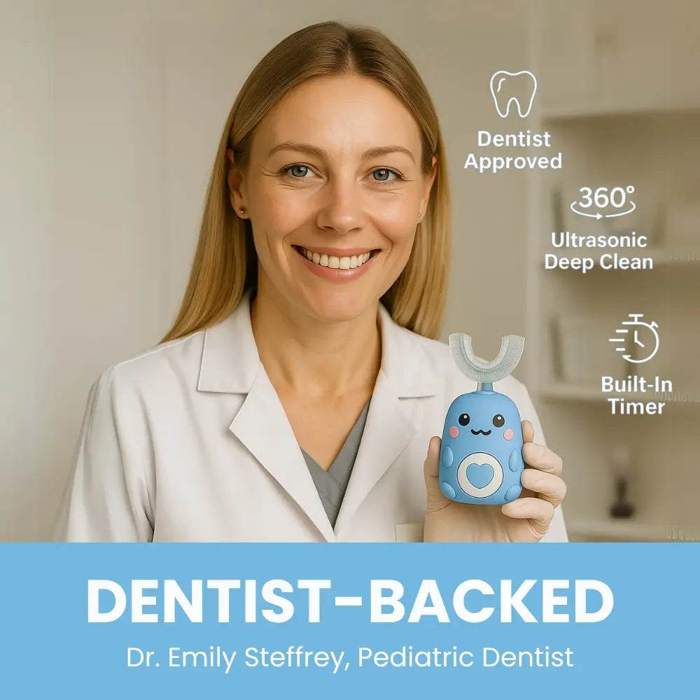 Smiling pediatric dentist holding SWEVVA DinoBrush kids electric toothbrush with dentist-approved, 360° ultrasonic deep clean and built-in timer features displayed