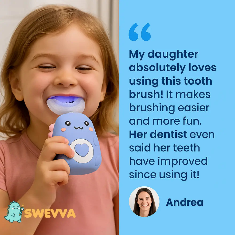 Child using a SWEVVA toothbrush with a testimonial on a blue background SWEVVA™ DinoBrush 360° U-Shaped Kids Toothbrush