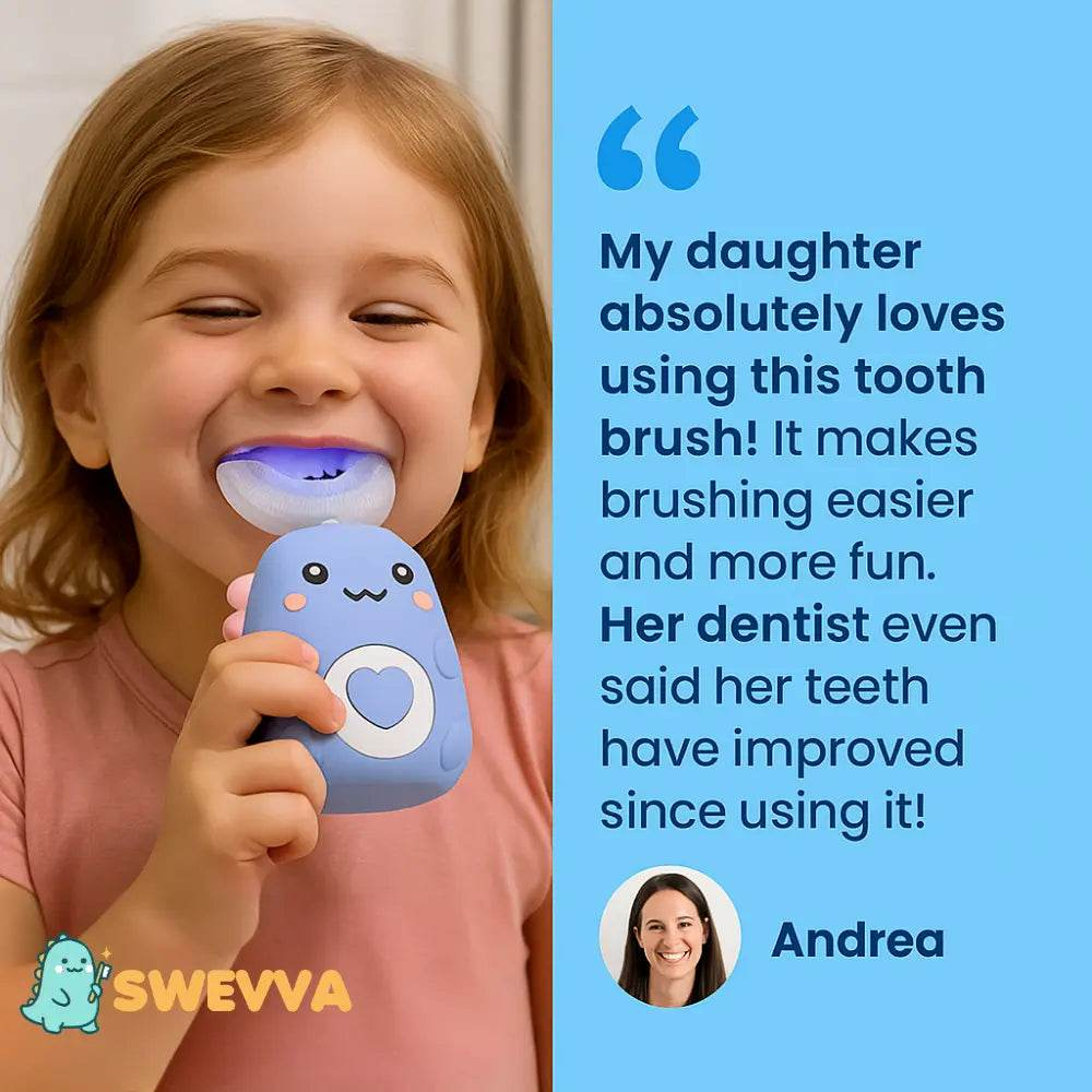 Smiling child using blue SWEVVA DinoBrush 360° U-Shaped Kids Electric Toothbrush with positive testimonial background