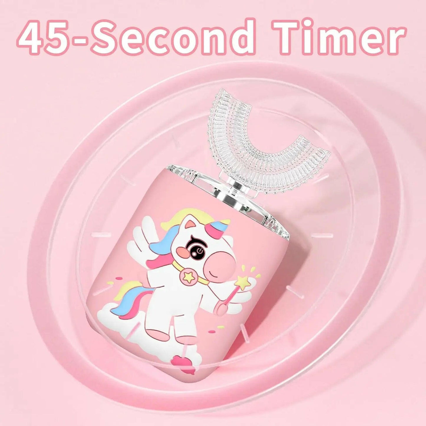 Pink 45-second timer with a cartoon unicorn design on a pink background SWEVVA™ Unicorn Brush 360° U-Shaped Kids Toothbrush
