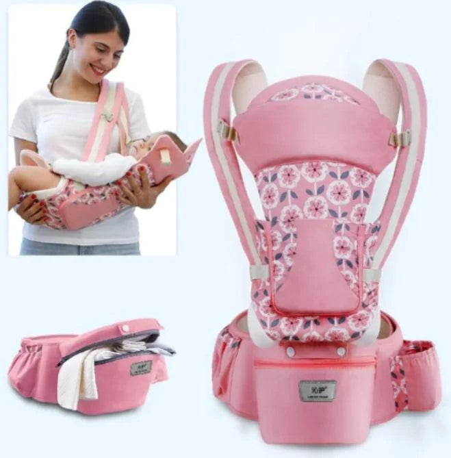 Pink baby carrier with floral design, woman holding a baby, and folded carrier on a white background