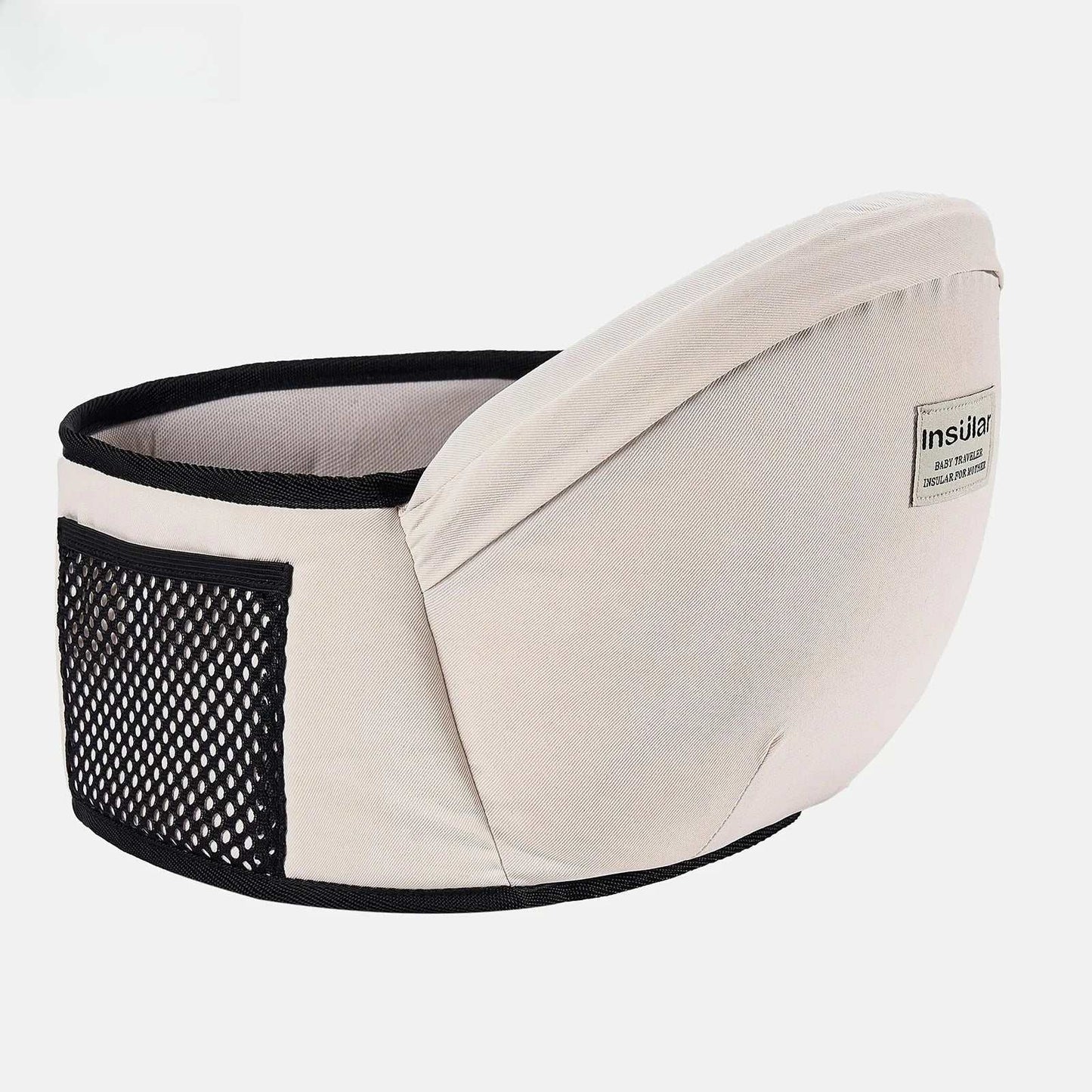 Beige Baby Hold Stool Carrier with mesh pocket and ergonomic design for front baby seat and support