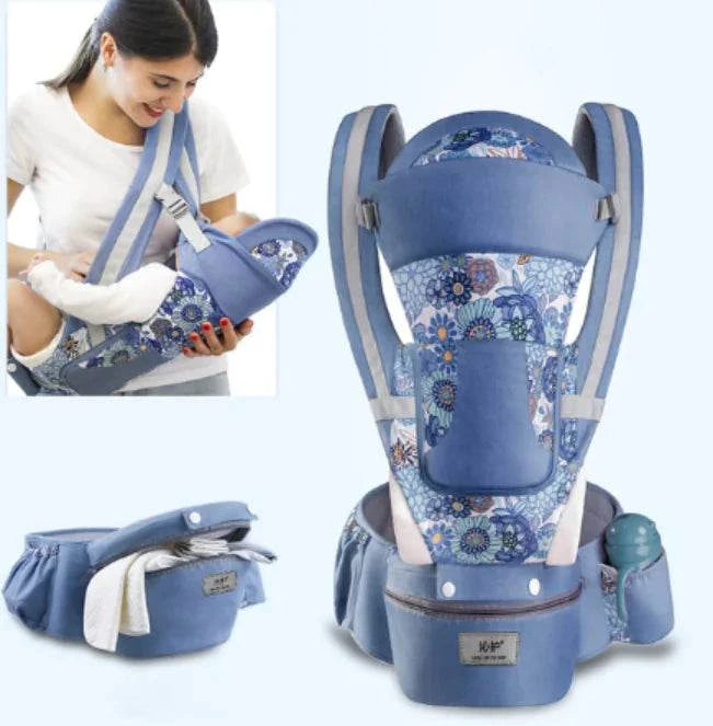 Blue baby carrier with floral pattern worn by a woman, showing different angles on a white background.