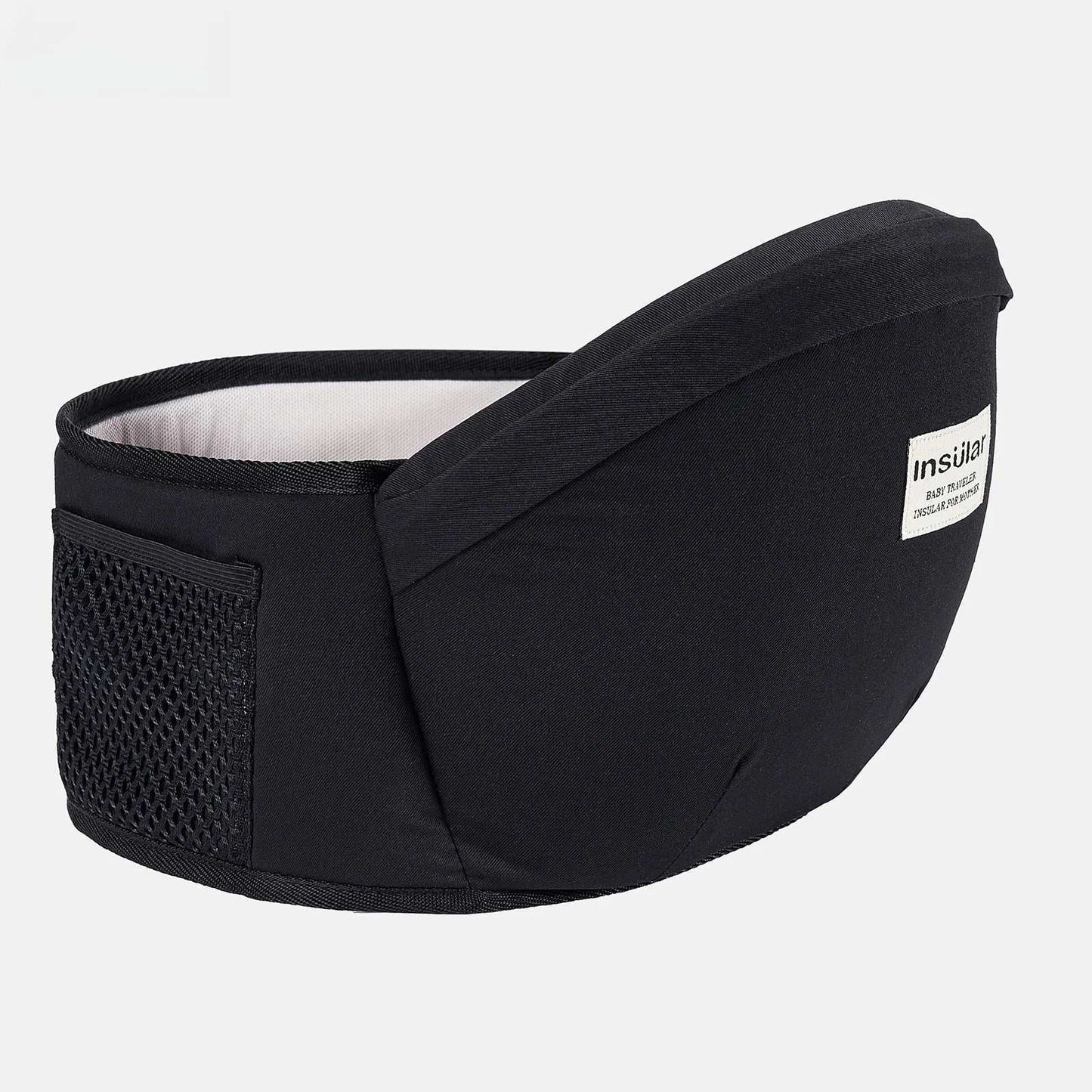 Black Baby Hold Stool Carrier with ergonomic front baby seat and breathable mesh pocket