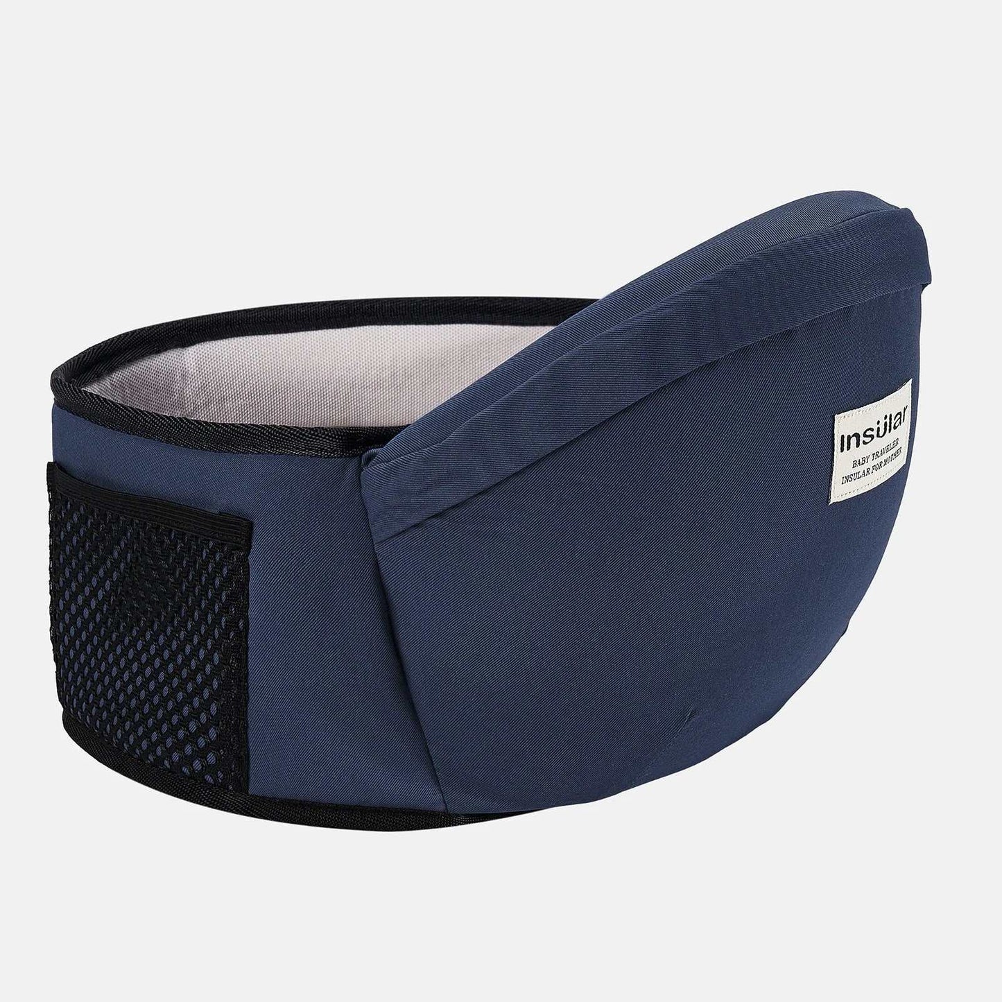 Blue Baby Hold Stool Carrier with mesh side pocket and ergonomic design for front baby seat and support