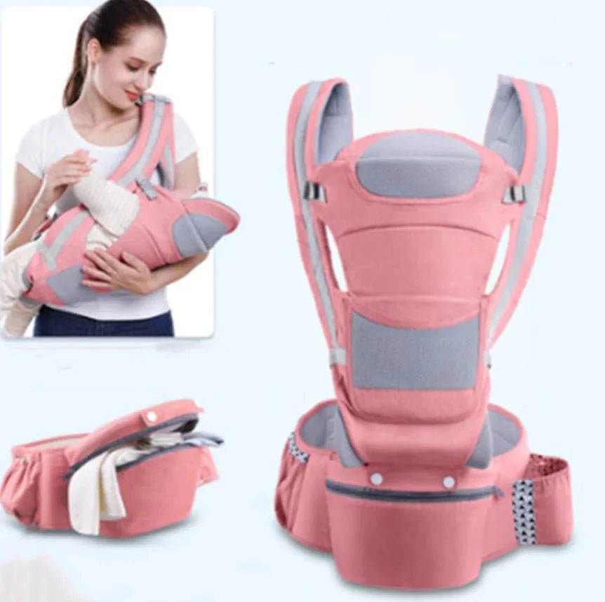 Pink baby carrier with gray accents and a woman holding a baby in it on a light blue background.