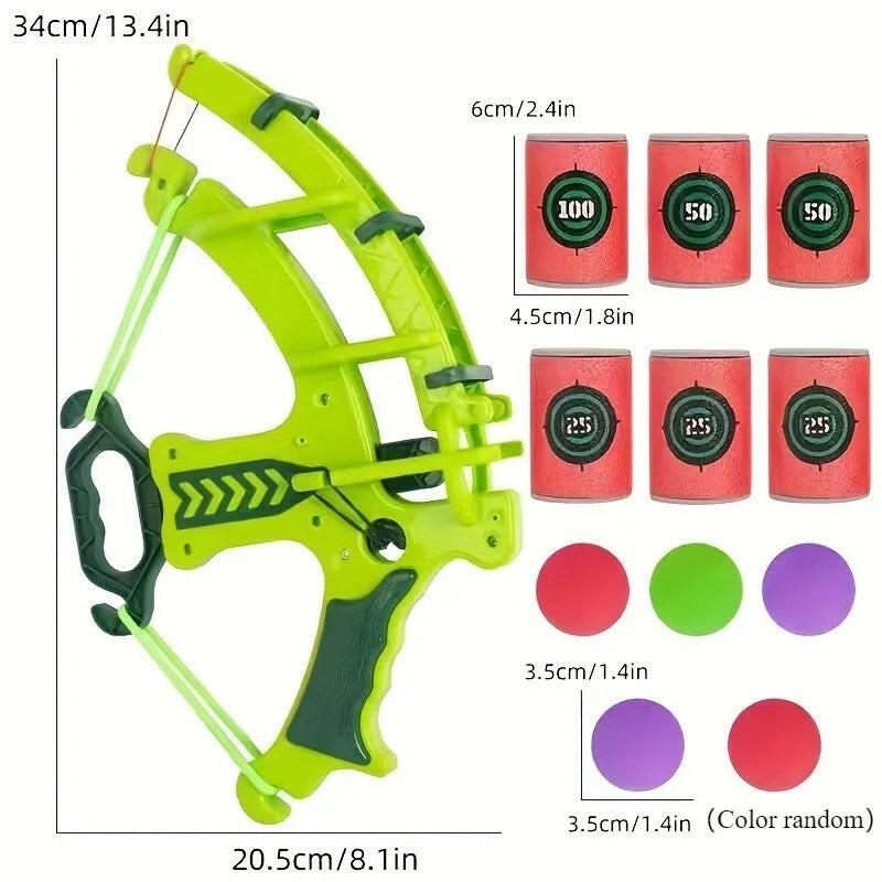 Toy bow and arrow set with measurement indicators and colorful targets on a white background