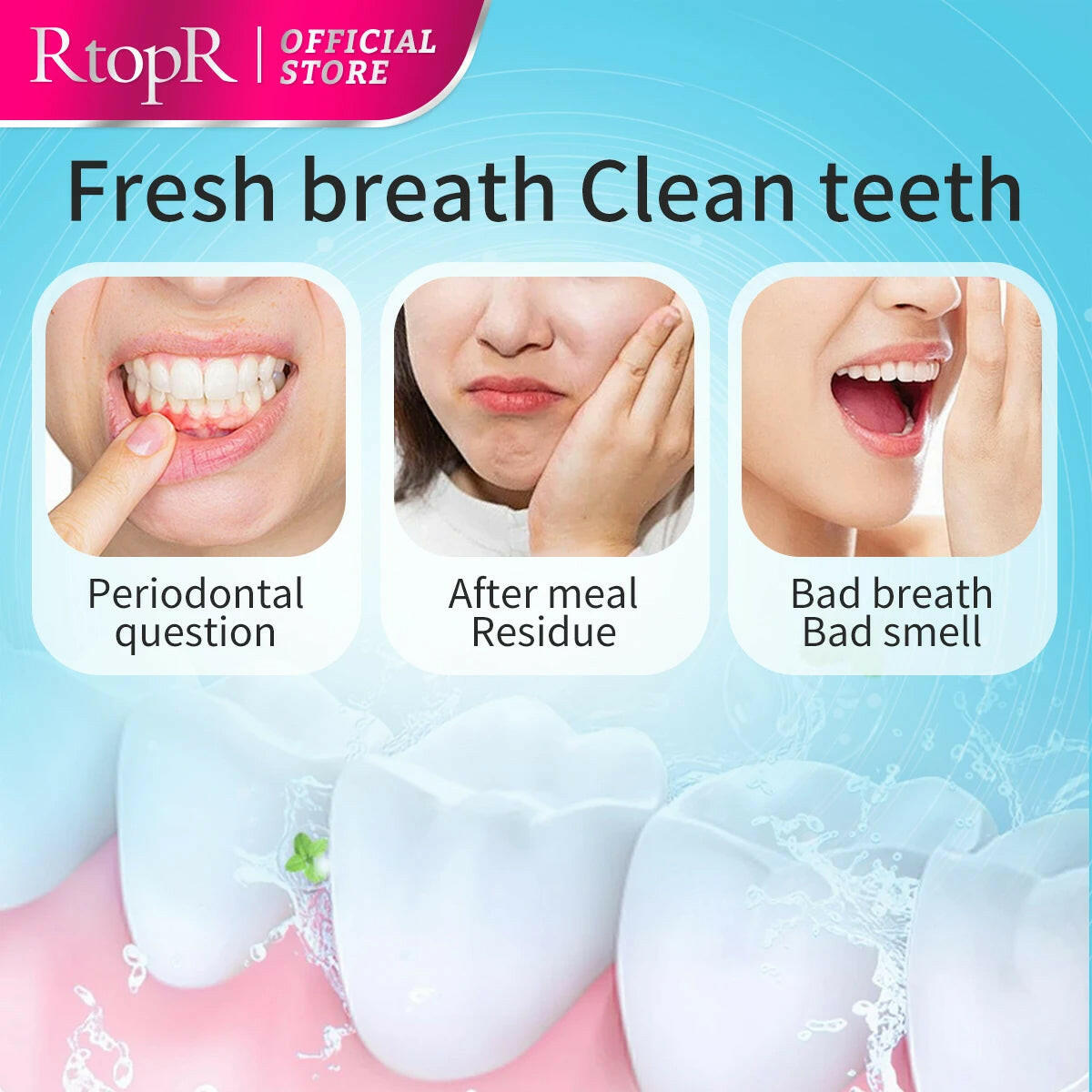 Advertisement for RtopR dental products showing images of teeth and mouth with text about fresh breath and clean teeth.