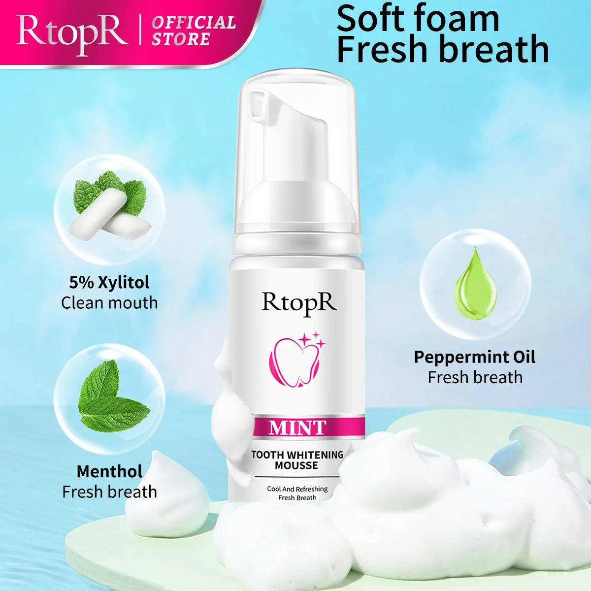 RtopR tooth whitening mousse bottle with product features on a blue background