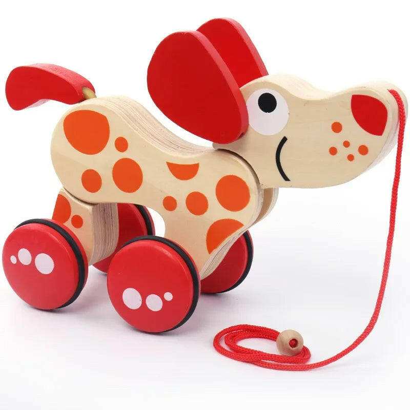 Pepê Wooden Animal Pull Toy dog design in red and natural wood for toddlers educational play