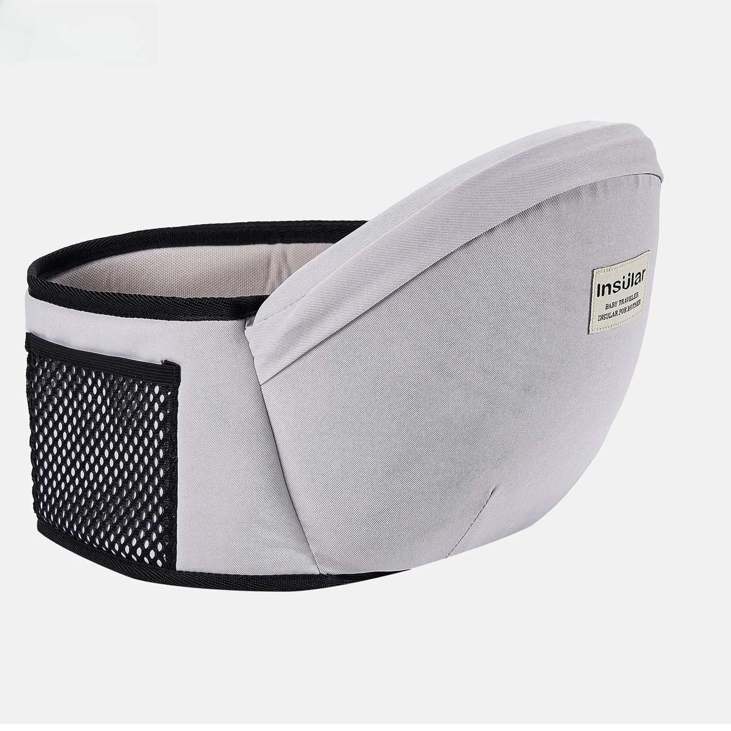 Gray Baby Hold Stool Carrier with mesh pocket for front baby seat and support