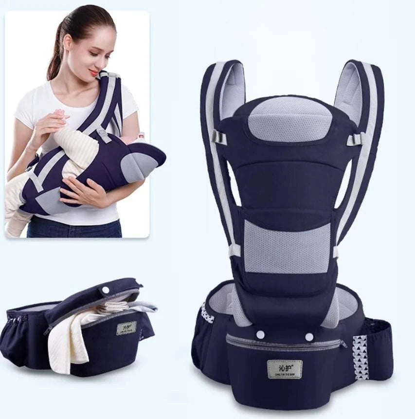 Baby carrier with a woman holding a baby and additional accessories on a white background