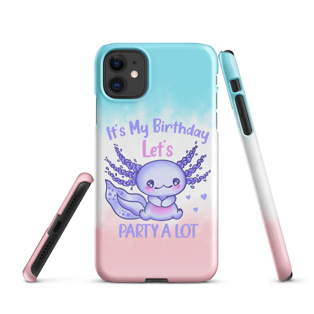 Phone case with a purple octopus design and text 'It's My Birthday Let's Party A Lot' on a gradient background