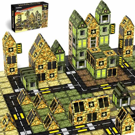 Children playing with Army Magnetic Tiles building a military-themed structure on a table