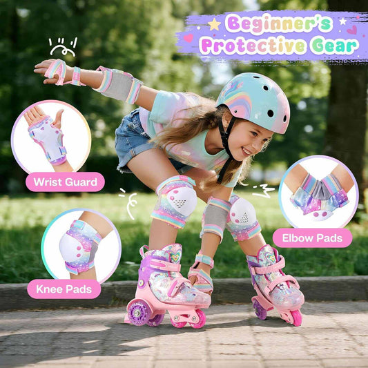 Kids knee pads, elbow pads, and wrist guards safety set for toddlers outdoors