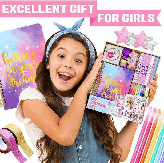 DIY Journal Kit for girls with 26 creative scrapbook and journaling pieces including stickers, pens, and a 60-page spiral journal