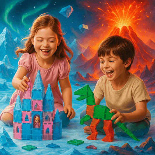 Joyful kids building magnetic tile castles and dinosaur worlds in a glowing fantasy playroom, featuring floating blue ice towers and fiery volcano structures for a magical STEM play experience.