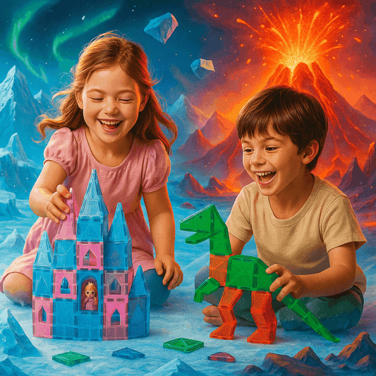 Joyful kids building magnetic tile castles and dinosaur worlds in a glowing fantasy playroom, featuring floating blue ice towers and fiery volcano structures for a magical STEM play experience.