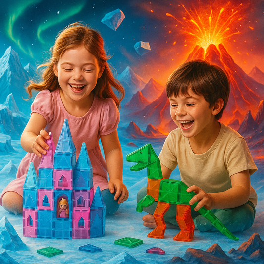 Joyful kids building magnetic tile castles and dinosaur worlds in a glowing fantasy playroom, featuring floating blue ice towers and fiery volcano structures for a magical STEM play experience.
