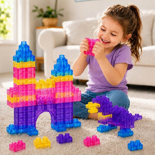 Soft squishy building blocks castle and dinosaur built by a happy girl squeezing a pink block