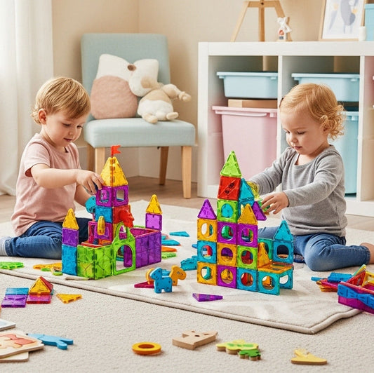 Kids playing with colorful magnetic tiles building castles together educational STEM magnetic building blocks toy for toddlers and preschool children