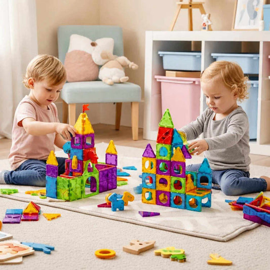 Children playing with colorful magnetic tiles in a bright playroom, building creative castle shapes on a soft rug with wooden toys scattered around.