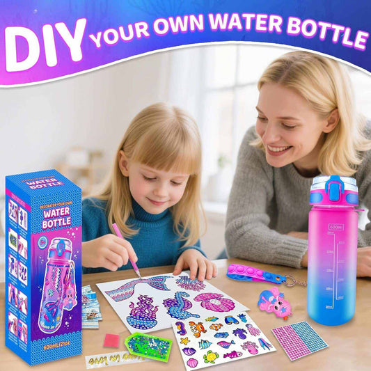 Kids decorating colorful DIY water bottle kit with themed accessories and fidget keychain