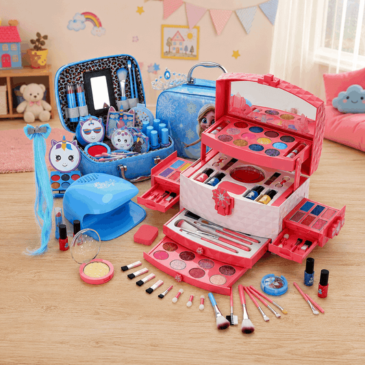 Colorful kids makeup play set arranged in a playful pastel bedroom with beauty case, brushes, nail polish, and pretend makeup accessories for girls.