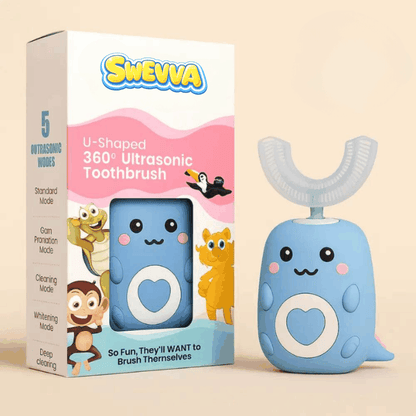 Kids U shaped 360 ultrasonic toothbrush with cute blue character and SWEVVA branded packaging for fun and easy brushing