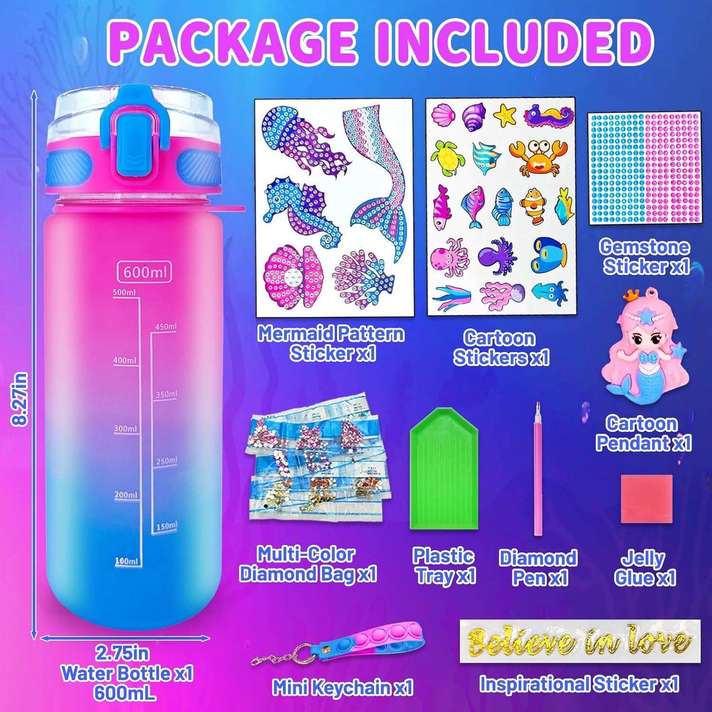 Kids decorating DIY Water Bottle Kit with mermaid, unicorn, and dinosaur themes and colorful stickers