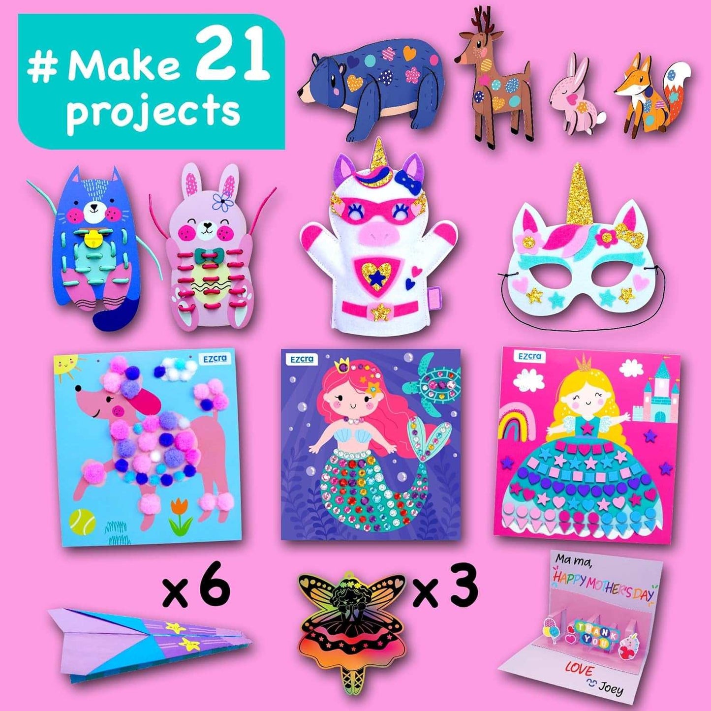 Craft kit for kids with 21 creative unicorn and animal projects in organized envelopes for ages 4 to 8