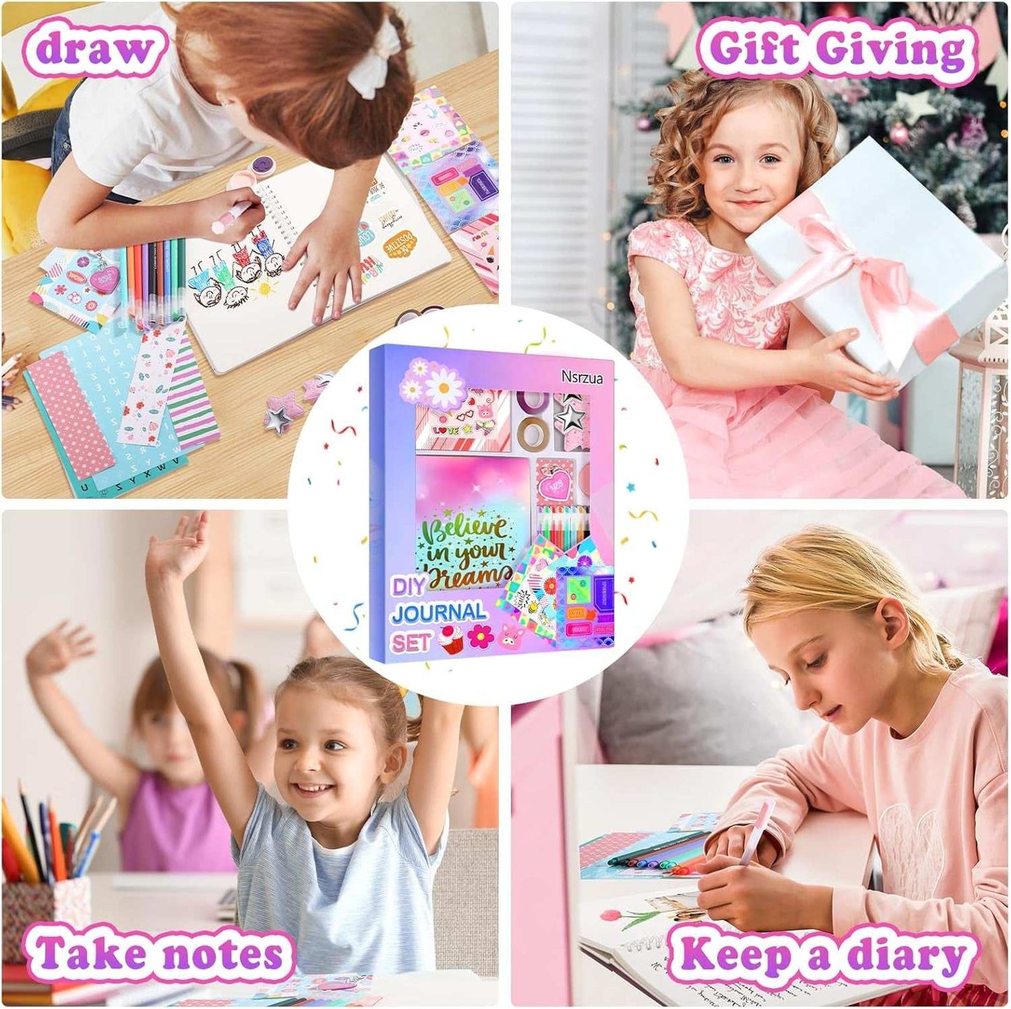 DIY Journal Kit for Girls with colorful pages, stickers, pens, and decorative journaling supplies in a gift set