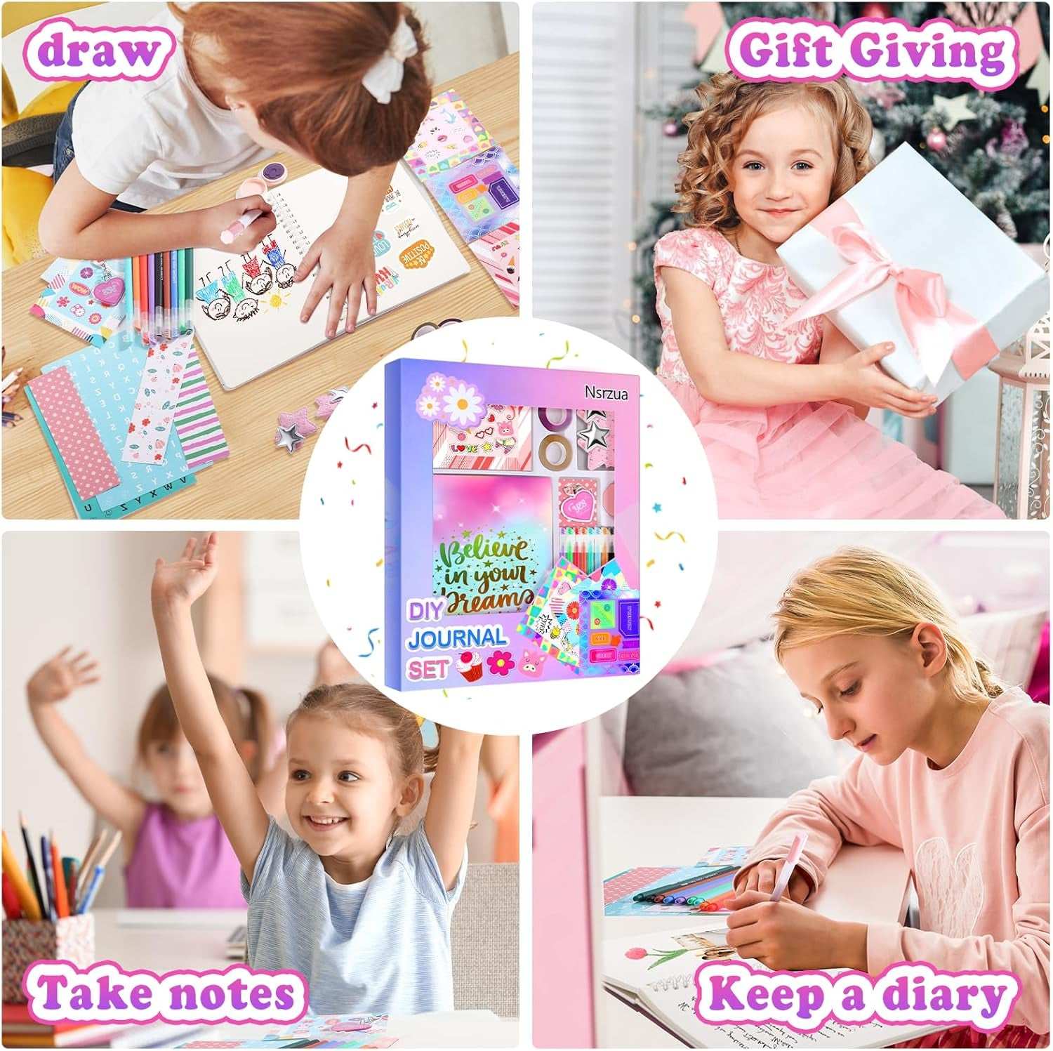 DIY Journal Kit for Girls with colorful pages, stickers, pens, and decorative journaling supplies in a gift set