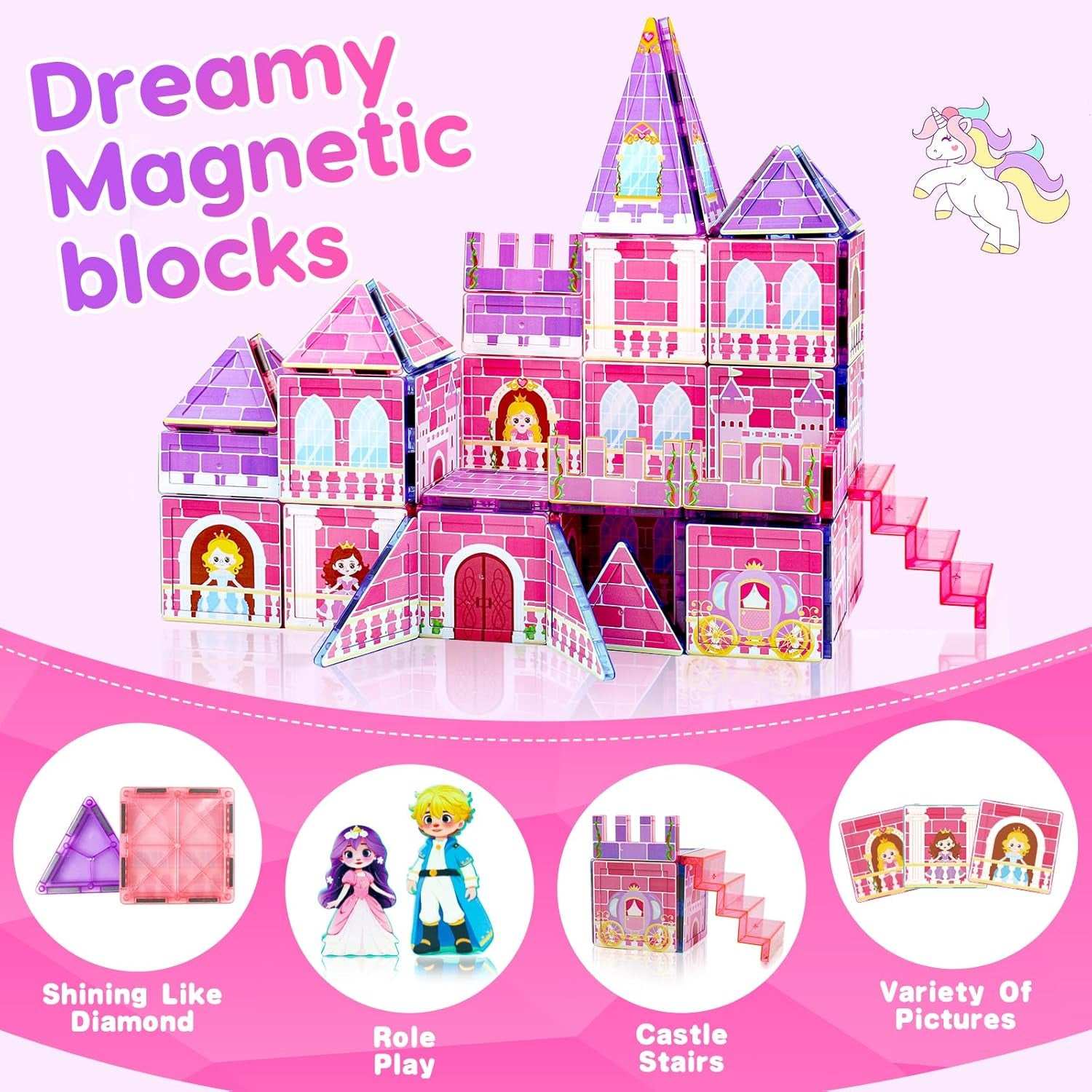Colorful princess magnetic tiles for creative castle building and pretend play set for kids