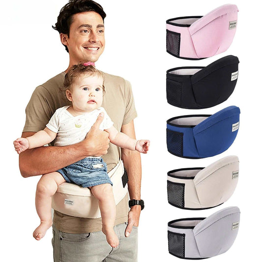 Man carrying baby using Baby Hold Stool Carrier in beige with additional colors pink, black, blue, stone blue, and gray displayed next to him