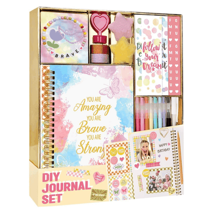 DIY Journal Kit for Girls with 26 creative scrapbook and journaling pieces including spiral journal, stickers, pens, and decorative supplies for ages 8 to 14