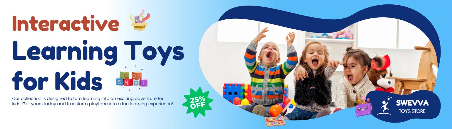 Promotional banner for interactive learning toys for kids with children playing and a blue background.