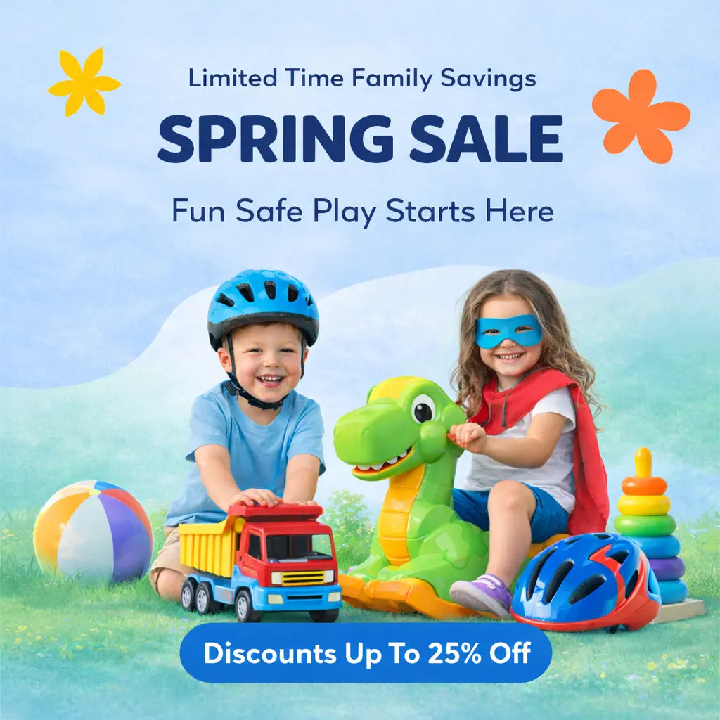 Spring Sale banner showing two happy children playing outdoors with colorful educational toys and a kids safety helmet, promoting family savings and safe spring play at SWEVVA.