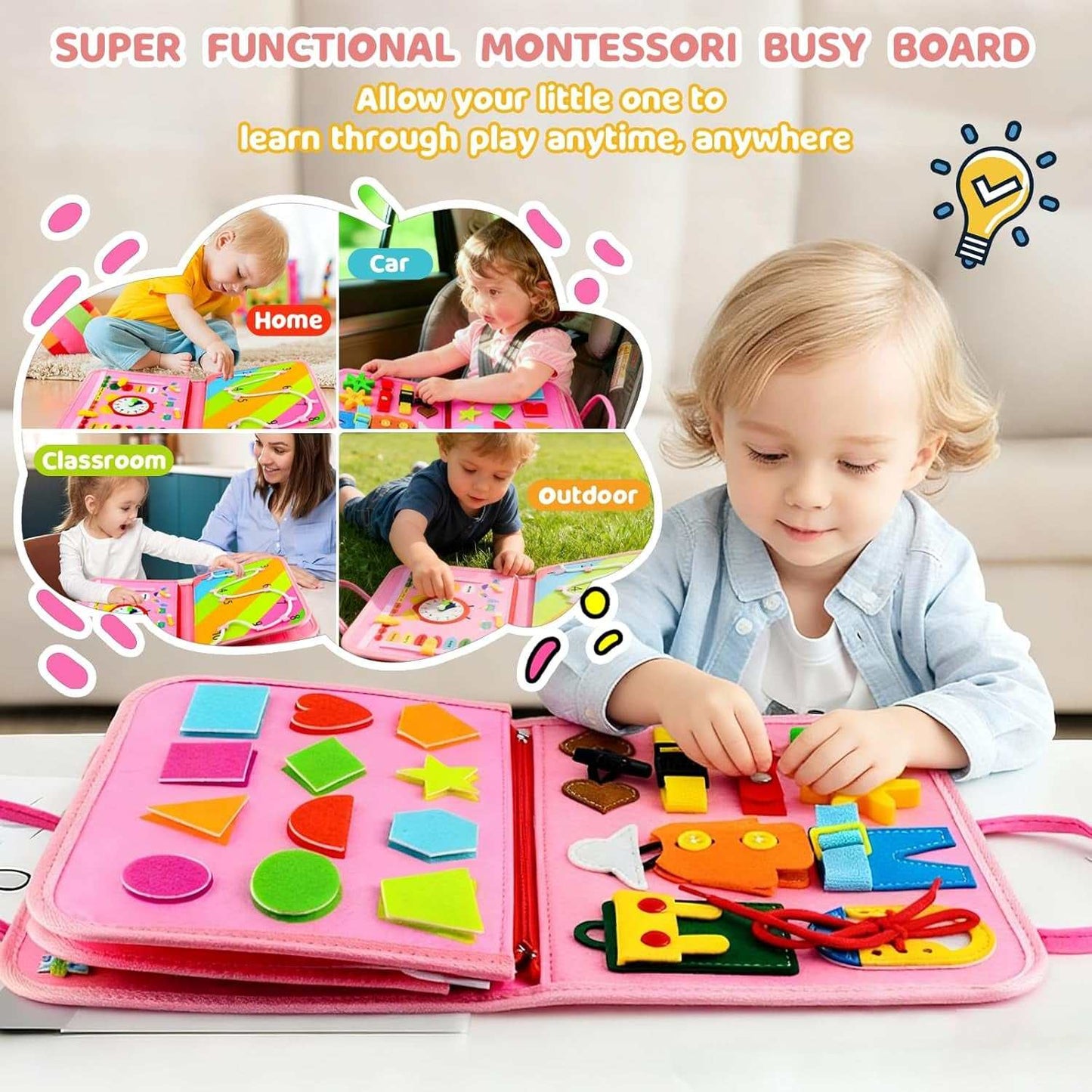 Montessori Busy Board with colorful felt activities for toddler learning and screen-free play