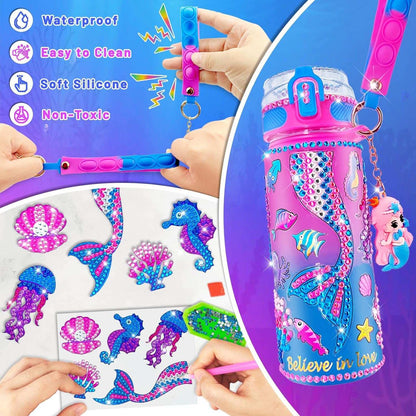 Kids decorating colorful DIY water bottle kit with themed accessories and fidget keychain