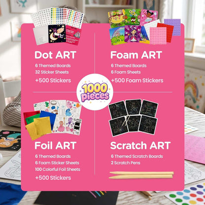 Princess Craft Kit for Girls with 24 princess and unicorn themed art projects including dot foil scratch and foam activities