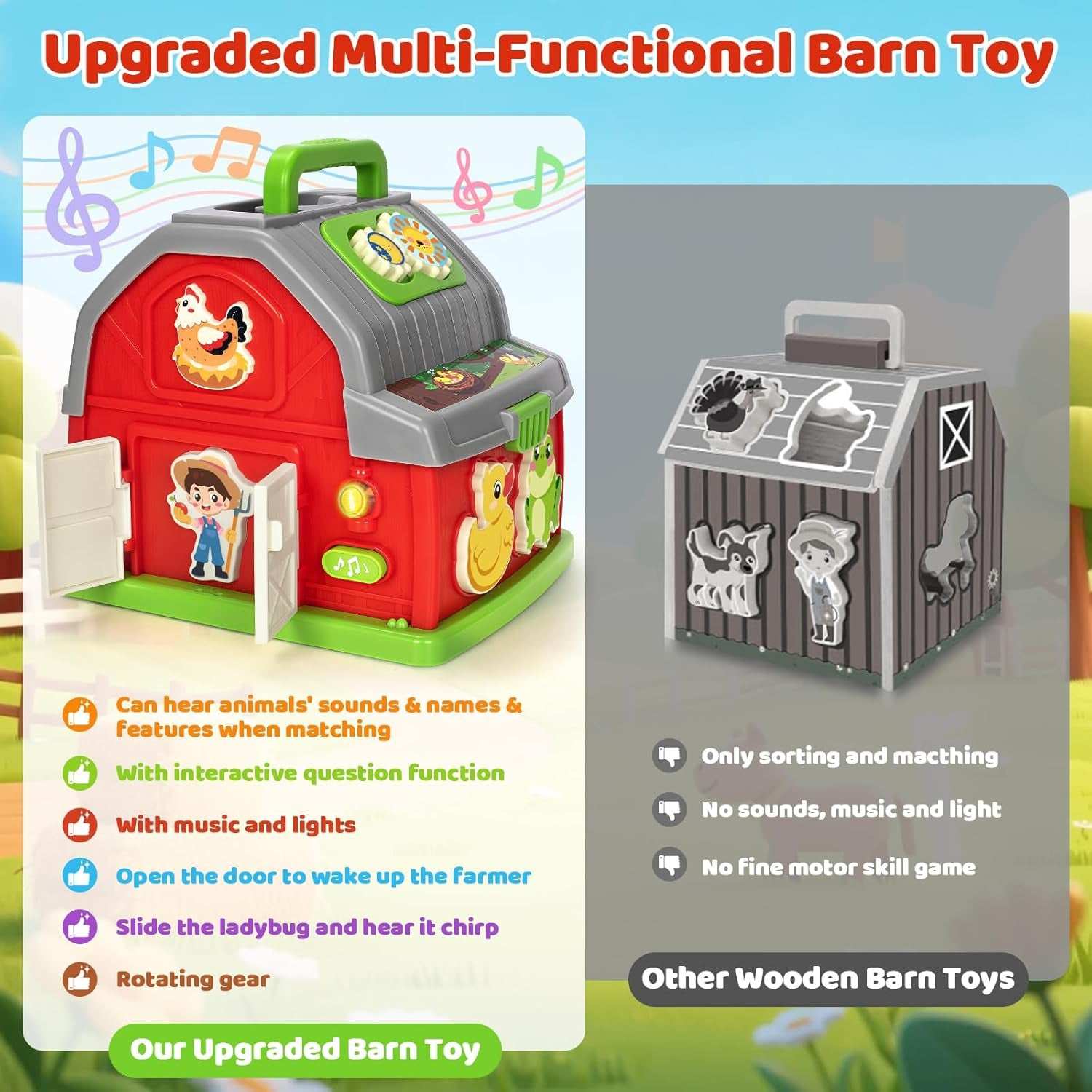 Colorful musical farm animal toy with interactive lights and buttons for toddlers