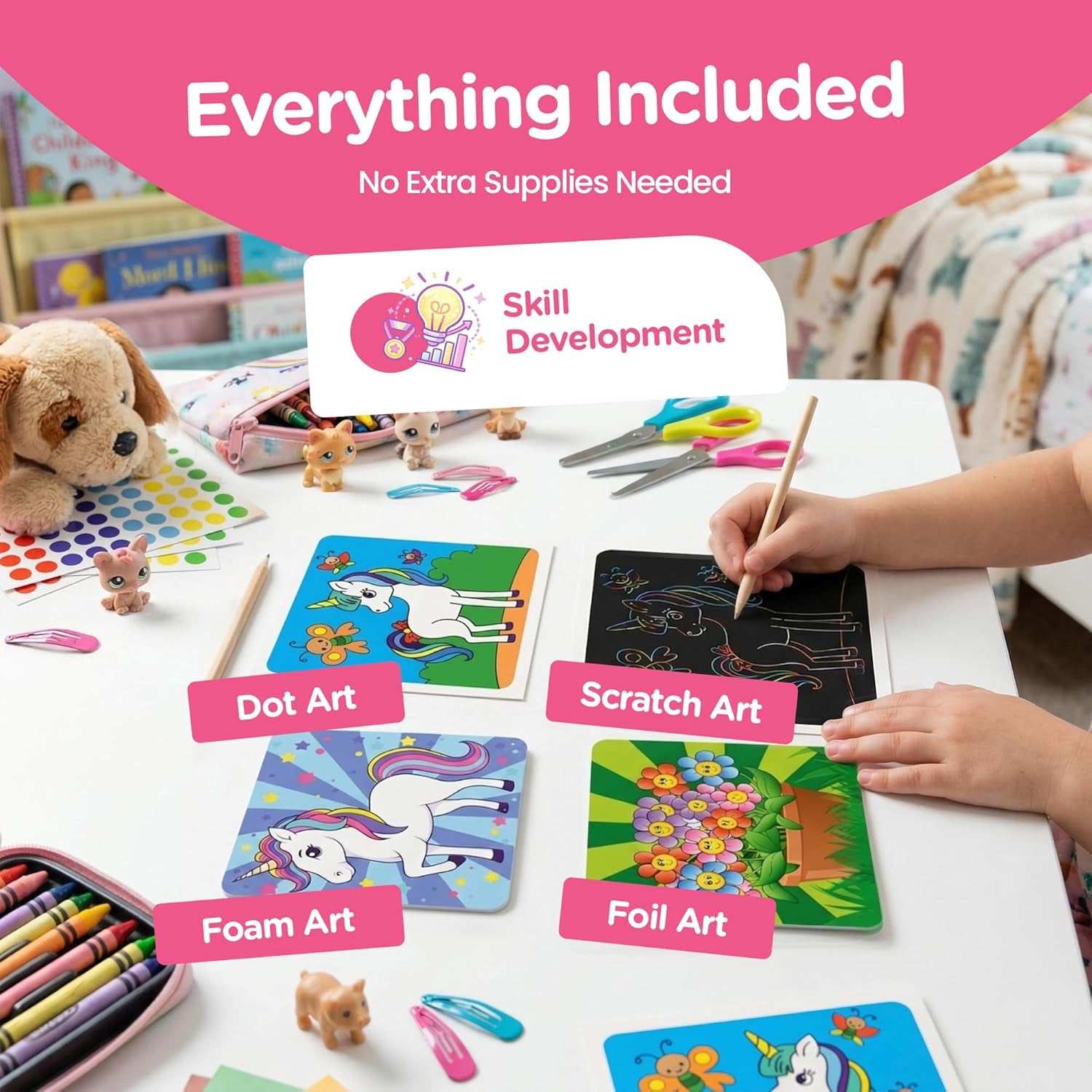 Princess Craft Kit for Girls with 24 creative princess and unicorn-themed art projects including dot, foil, scratch, and foam art