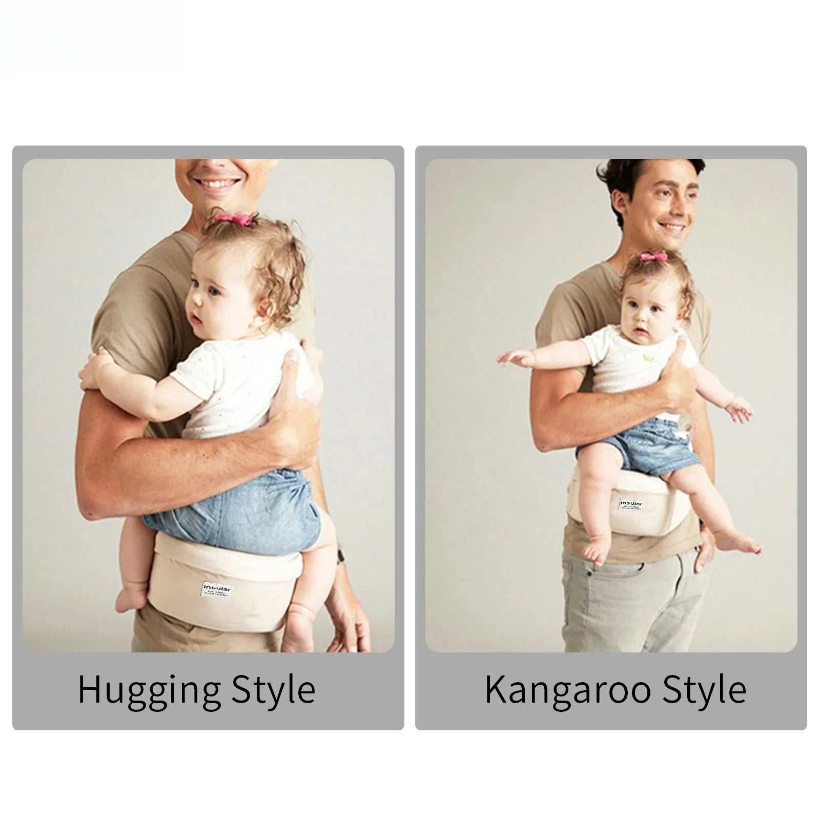 Man carrying baby in beige Baby Hold Stool Carrier demonstrating hugging and kangaroo styles