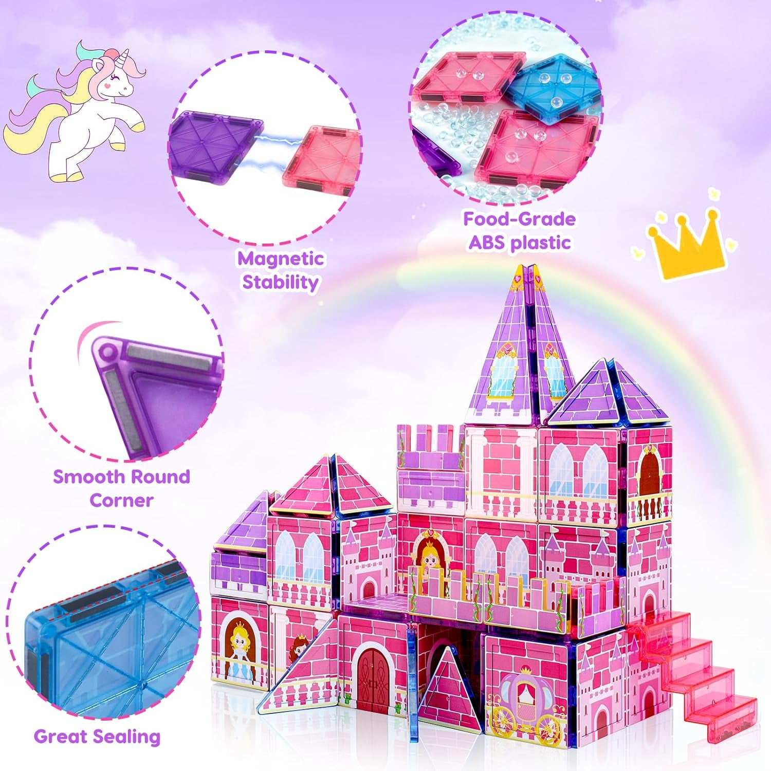 Colorful princess magnetic tiles building castle with windows, stairs, and character blocks for creative pretend play.