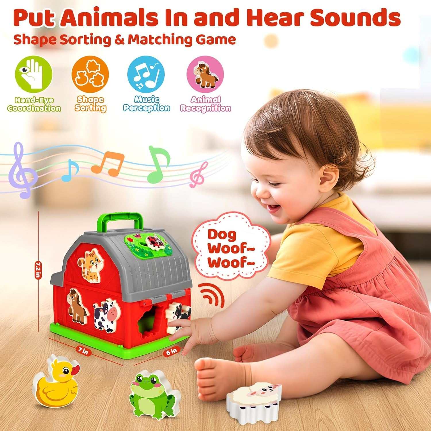 Musical farm animal toy with lights, sounds, and shape sorting for toddler learning and fine motor skills development